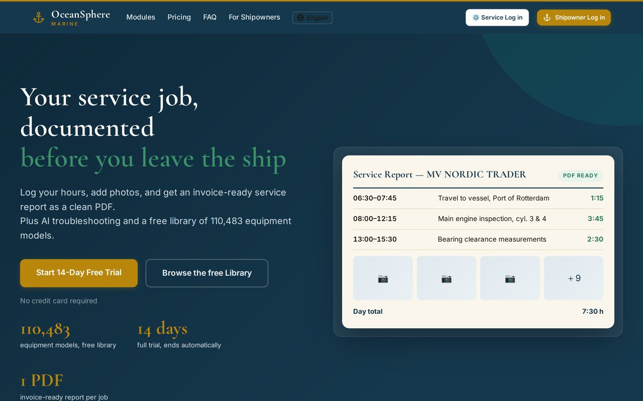 OceanSphere Marine — Service-Report-Plattform, Live-Ansicht